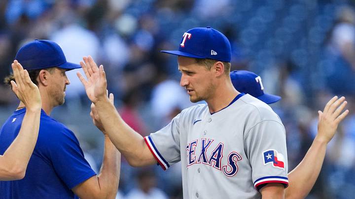 Jun 27, 2026; Toronto, Ontario, CAN;  Texas Rangers shortstop Corey Seager (5) celebrates with teammates after defeating the Toronto Blue Jays at Rogers Centre. Mandatory Credit: Kevin Sousa-Imagn Images