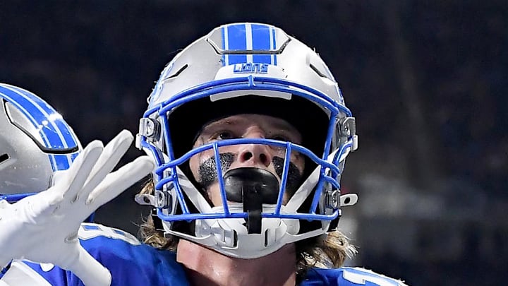 Detroit Lions wide receiver Isaac TeSlaa (18) celebrates after scoring a touchdown against the Miami Dolphins 