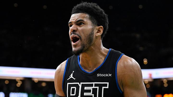 Dec 12, 2024; Boston, Massachusetts, USA; Detroit Pistons forward Tobias Harris (12) reacts to game action against the Boston Celtics during the first half at TD Garden. Mandatory Credit: Eric Canha-Imagn Images