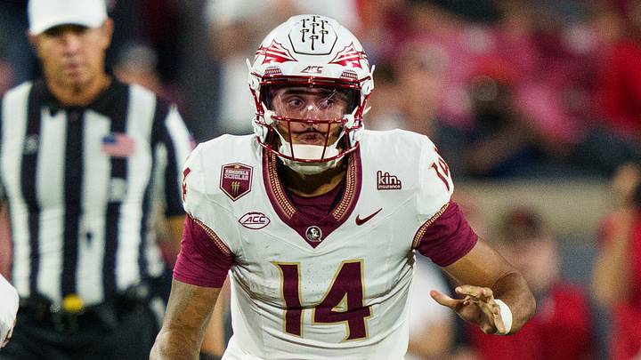 Oct 9, 2026; Louisville, Kentucky, USA; Florida State Seminoles quarterback Ashton Daniels (14) looks for a pass during the first quarter of the game against the Louisville Cardinals at L&N Federal Credit Union Stadium. Mandatory Credit: Chris Carter-Imagn Images Oct 9, 2026; Louisville, Kentucky, USA; Florida State Seminoles quarterback Ashton Daniels (14) looks for a pass during the first quarter of the game against the Louisville Cardinals at L&N Federal Credit Union Stadium. Mandatory Credit: Chris Carter-Imagn Images