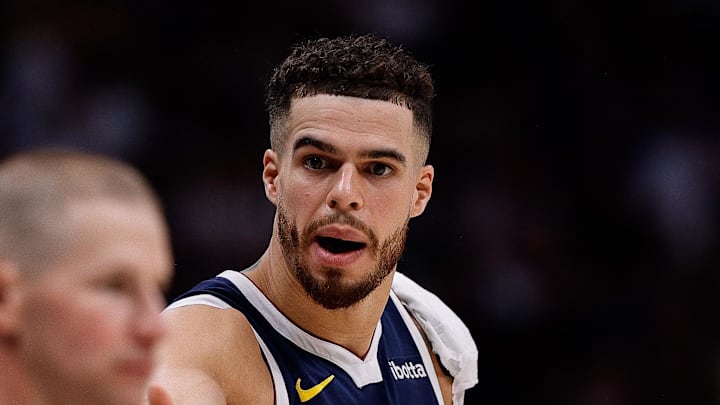 May 11, 2025; Denver, Colorado, USA; Denver Nuggets forward Michael Porter Jr. (1) gestures to referee Tyler Ford in the second quarter against the Oklahoma City Thunder during game four of the second round of the 2025 NBA Playoffs at Ball Arena. Mandatory Credit: Isaiah J. Downing-Imagn Images May 11, 2025; Denver, Colorado, USA; Denver Nuggets forward Michael Porter Jr. (1) gestures to referee Tyler Ford in the second quarter against the Oklahoma City Thunder during game four of the second round of the 2025 NBA Playoffs at Ball Arena. Mandatory Credit: Isaiah J. Downing-Imagn Images