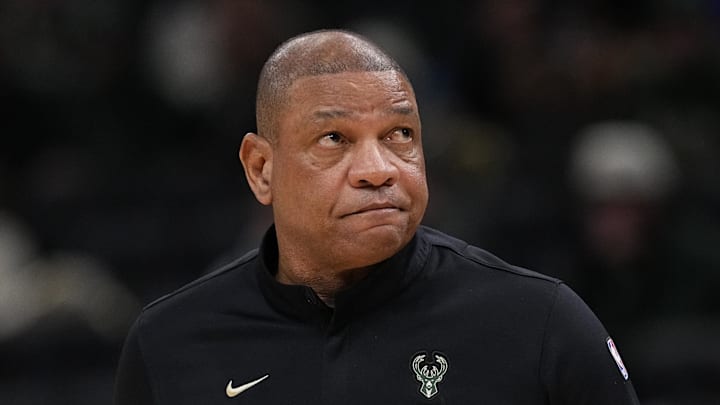 Milwaukee Bucks head coach Doc Rivers looks on during the first quarter against the New Orleans Pelicans at Fiserv Forum on February 4, 2026.