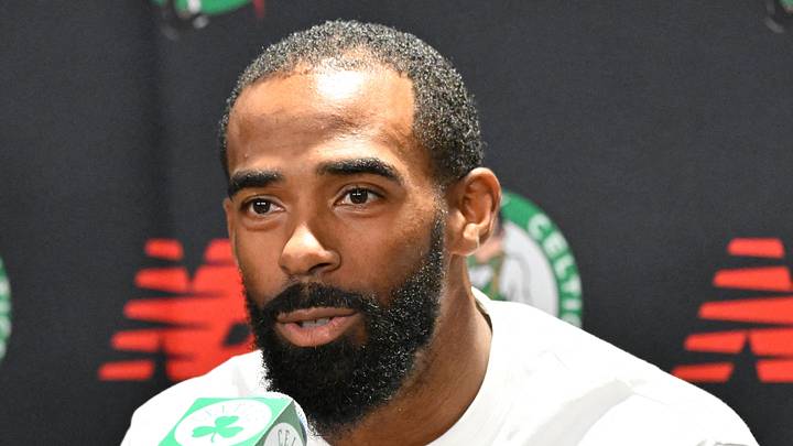 September 15, 2026; Boston, Massachusetts, USA; Boston Celtics guard Mike Conley (45) speaks during a press conference at The Auerbach Center at Boston Landing. Mandatory Credit: Eric Canha-Imagn Images
