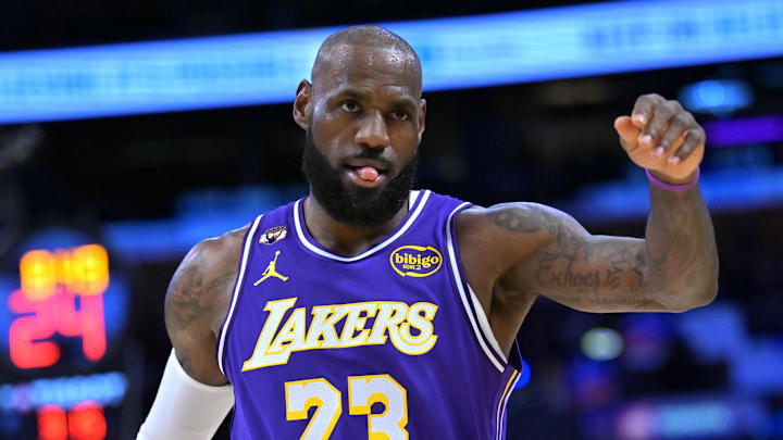 Feb 12, 2026; Los Angeles, California, USA; Los Angeles Lakers forward LeBron James (23) reacts on the court after a three-point basket in the first half against the Dallas Mavericks at Crypto.com Arena. Mandatory Credit: Jayne Kamin-Oncea-Imagn Images Feb 12, 2026; Los Angeles, California, USA; Los Angeles Lakers forward LeBron James (23) reacts on the court after a three-point basket in the first half against the Dallas Mavericks at Crypto.com Arena. Mandatory Credit: Jayne Kamin-Oncea-Imagn Images
