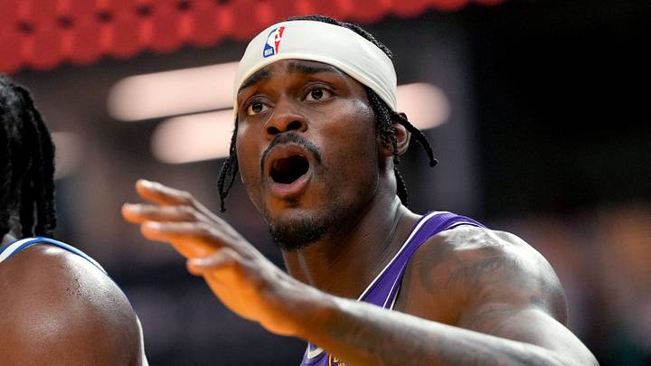 Apr 9, 2026; San Francisco, California, USA; Los Angeles Lakers forward Jarred Vanderbilt (2) reacts after a possession against the Golden State Warriors in the second quarter at the Chase Center. Mandatory Credit: Cary Edmondson-Imagn Images