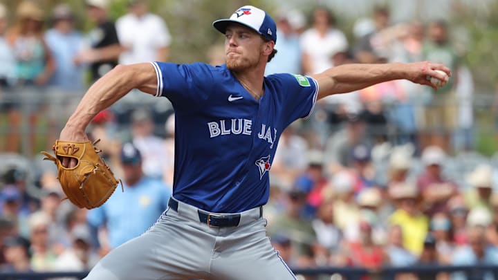 Mar 9, 2025; Port Charlotte, Florida, USA; Toronto Blue Jays pitcher Josh Walker (21) throws a pitch during the fifth inning against the Tampa Bay Rays at Charlotte Sports Park