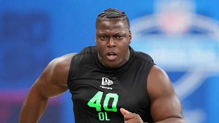 Mar 1, 2026; Indianapolis, IN, USA; Oregon offensive lineman Emmanuel Pregnon (OL40) during the NFL Scouting Combine at Lucas Oil Stadium. Mandatory Credit: Kirby Lee-Imagn Images