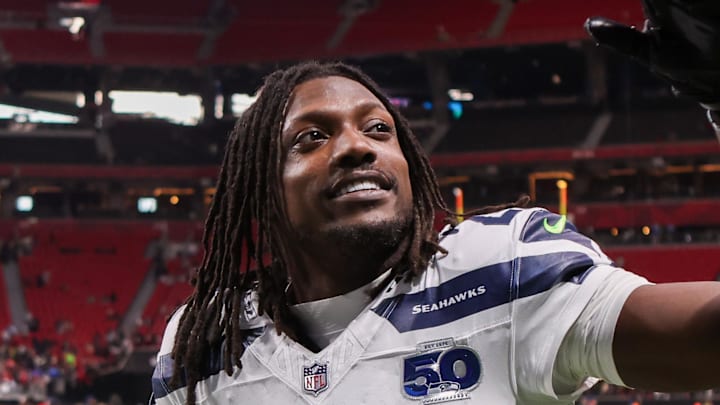 Seattle Seahawks cornerback Riq Woolen celebrates Seattle Seahawks cornerback Riq Woolen celebrates