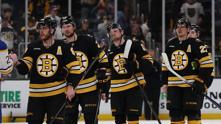 May 1, 2026; Boston, Massachusetts, USA; Boston Bruins right wing David Pastrnak (88) leads the Bruins through the Bruins as he shakes hands with Buffalo Sabres defenseman Rasmus Dahlin (26) after game six of the first round of the 2026 Stanley Cup Playoffs at TD Garden. Mandatory Credit: Winslow Townson-Imagn Images
