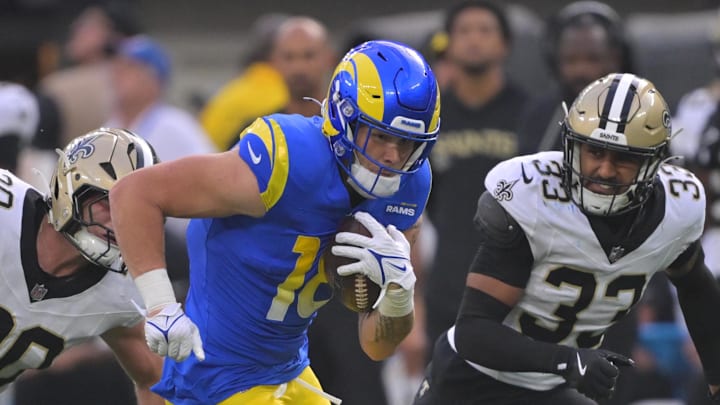 Nov 2, 2025; Inglewood, California, USA; Los Angeles Rams tight end Terrance Ferguson (18) runs after the catch against the New Orleans Saints during the first half at SoFi Stadium. Mandatory Credit: Jayne Kamin-Oncea-Imagn Images