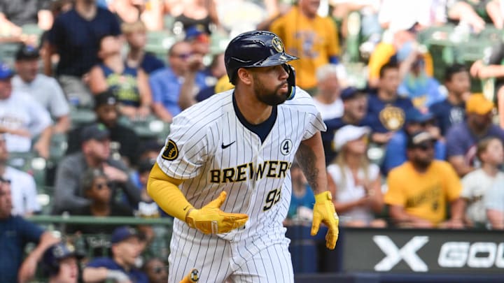 Jun 2, 2024; Milwaukee, Wisconsin, USA;  Milwaukee Brewers designated hitter Gary Sanchez (99) watches after hitting a single to drive in two runs against the Chicago White Sox in the eighth inning at American Family Field. Mandatory Credit: Benny Sieu-Imagn Images