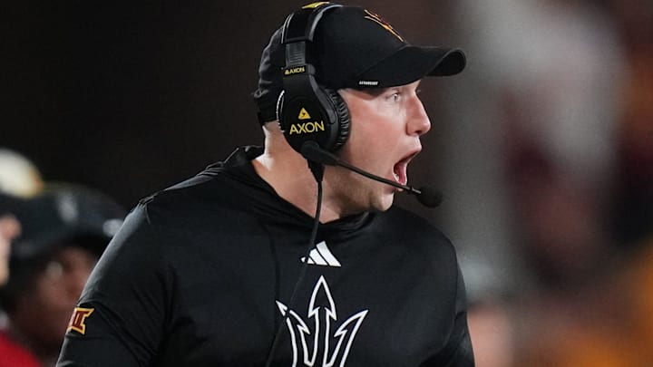ASU Sun Devils head coach Kenny Dillingham yells out to his team as they play against the Houston Cougars at Mountain America Stadium in Tempe on Oct. 25, 2025.