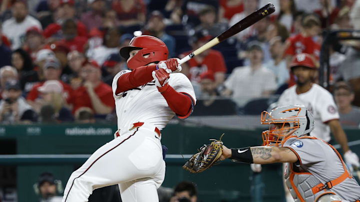Apr 22, 2025; Washington, District of Columbia, USA; Washington Nationals outfielder Dylan Crews (3) hits a solo home run against the Baltimore Orioles during the sixth inning at Nationals Park.