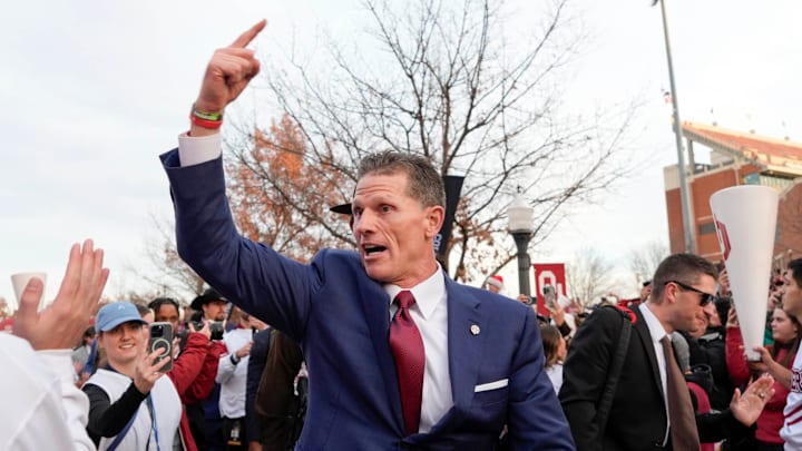 Oklahoma coach Brent Venables arrives before a first-round College Football Playoff game between the University of Oklahoma Sooners (OU) and the Alabama Crimson Tide at Gaylord Family – Oklahoma Memorial Stadium in Norman, Okla., Friday, Dec. 19, 2025.