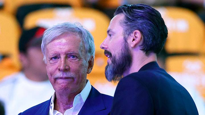 Jun 1, 2023; Denver, CO, USA; Denver Nuggets owner Stan Kroenke (left) and vice chairman Josh Kroenke before the game against the Miami Heat in game one of the 2023 NBA Finals at Ball Arena. Mandatory Credit: Isaiah J. Downing-USA TODAY Sports