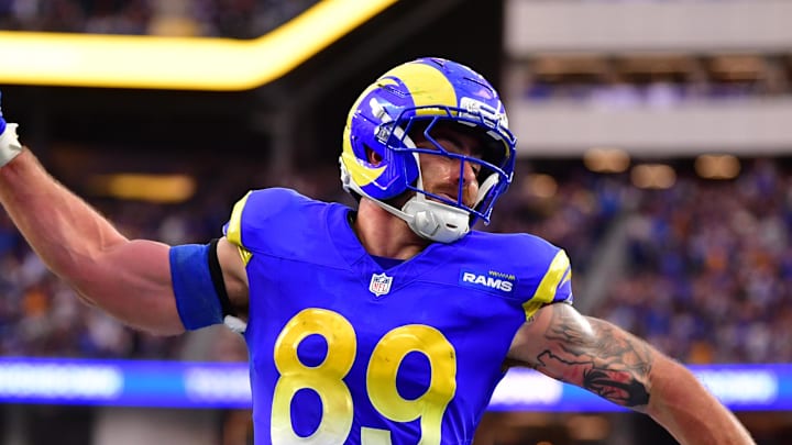 Jan 4, 2026; Inglewood, California, USA;  Los Angeles Rams tight end Tyler Higbee (89) spikes the ball after scoring a touchdown against the Arizona Cardinals during the second half at SoFi Stadium. Mandatory Credit: Gary A. Vasquez-Imagn Images