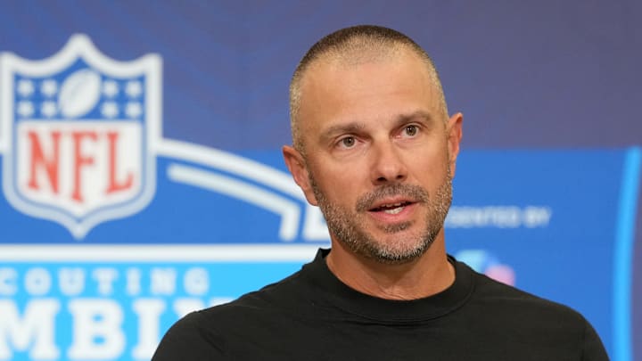 Feb 24, 2026; Indianapolis, IN, USA; Las Vegas Raiders general manager John Spytek speaks at the NFL Scouting Combine at the Indiana Convention Center. Mandatory Credit: Kirby Lee-Imagn Images
