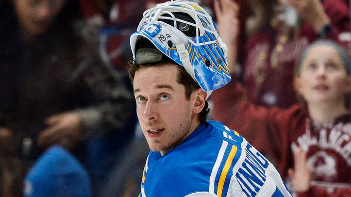 Dec 31, 2025; Denver, Colorado, USA; St. Louis Blues goaltender Jordan Binnington (50) skates to the net after a timeout in the first period against the Colorado Avalanche at Ball Arena. Mandatory Credit: Isaiah J. Downing-Imagn Images Dec 31, 2025; Denver, Colorado, USA; St. Louis Blues goaltender Jordan Binnington (50) skates to the net after a timeout in the first period against the Colorado Avalanche at Ball Arena. Mandatory Credit: Isaiah J. Downing-Imagn Images