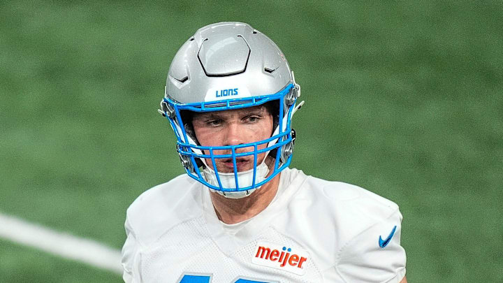 Detroit Lions linebacker Jack Campbell (46) practices during OTA at team's Allen Park Performance Center