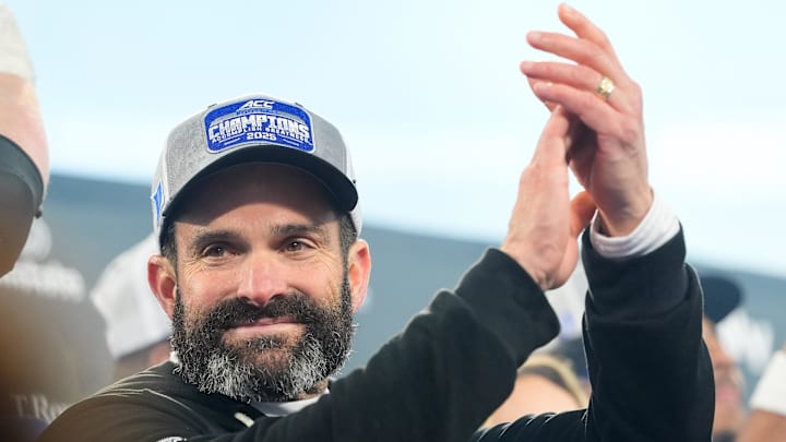Dec 6, 2025; Charlotte, NC, USA; Duke Blue Devils head coach Manny Diaz celebrates defeating the Virginia Cavaliers during the 2025 ACC Championship game at Bank of America Stadium. Mandatory Credit: Jim Dedmon-Imagn Images