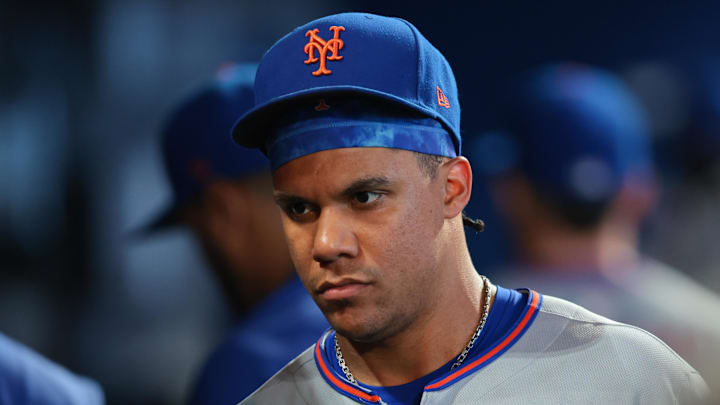 Sep 28, 2025; Miami, Florida, USA; New York Mets right fielder Juan Soto (22) looks on after the game against the Miami Marlins at loanDepot Park. Mandatory Credit: Sam Navarro-Imagn Images