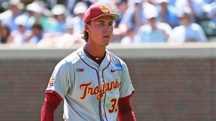 Jun 5, 2026; Chapel Hill, NC, USA;  USC Trojans pitcher Mason Edwards (30) reacts during the first inning after striking out the North Carolina Tar Heels at Boshamer Stadium. Mandatory Credit: Zachary Taft-Imagn Images