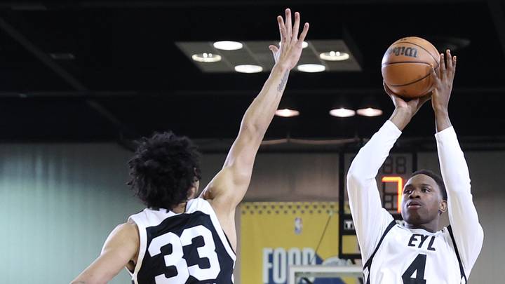 Feb 18, 2024; Indianapolis, Indiana, USA; Team ELY forward Babacar Sane (4) of the G League Ignite shoots the ball over Team BallIsLife forward Izan Almansa (33) G League Ignite during the G-League Next Up game at Indiana Convention Center. Feb 18, 2024; Indianapolis, Indiana, USA; Team ELY forward Babacar Sane (4) of the G League Ignite shoots the ball over Team BallIsLife forward Izan Almansa (33) G League Ignite during the G-League Next Up game at Indiana Convention Center.