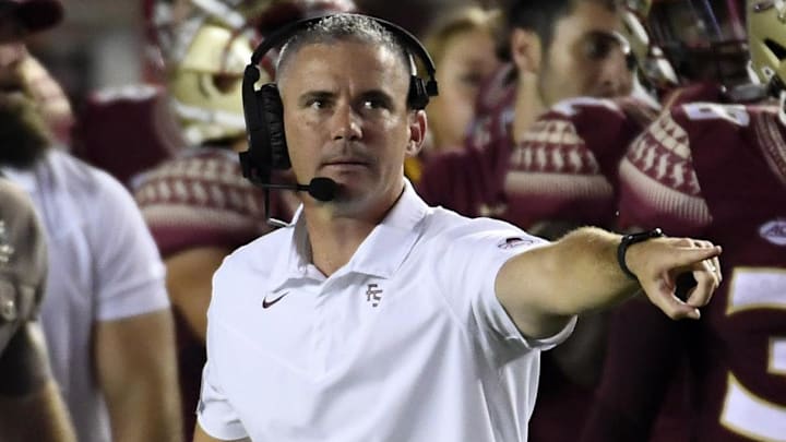 Sep 5, 2021; Tallahassee, Florida, USA; Florida State Seminoles head coach Mike Norvell during the game against the Notre Dame Fighting Irish at Doak S. Campbell Stadium. Mandatory Credit: Melina Myers-Imagn Images