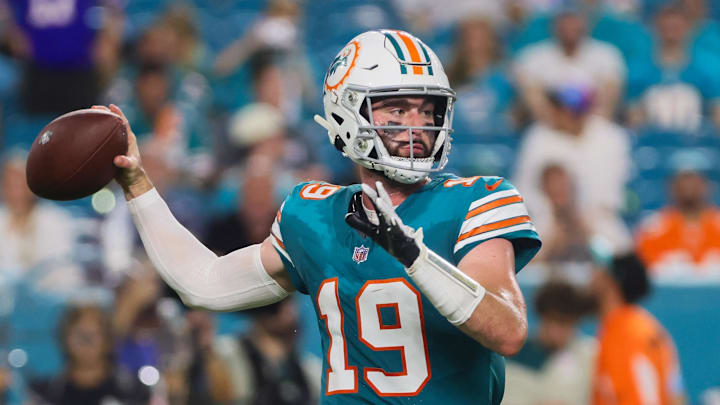 Sep 12, 2024; Miami Gardens, Florida, USA; Miami Dolphins quarterback Skylar Thompson (19) throws the football against the Buffalo Bills during the fourth quarter at Hard Rock Stadium. Mandatory Credit: Sam Navarro-Imagn Images