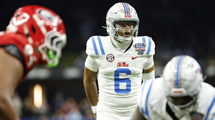 Ole Miss Rebels quarterback Trinidad Chambliss (6) looks on from the field during the 2026 Sugar Bowl and quarterfinal game of the College Football Playoff against the Georgia Bulldogs at Caesars Superdome. 