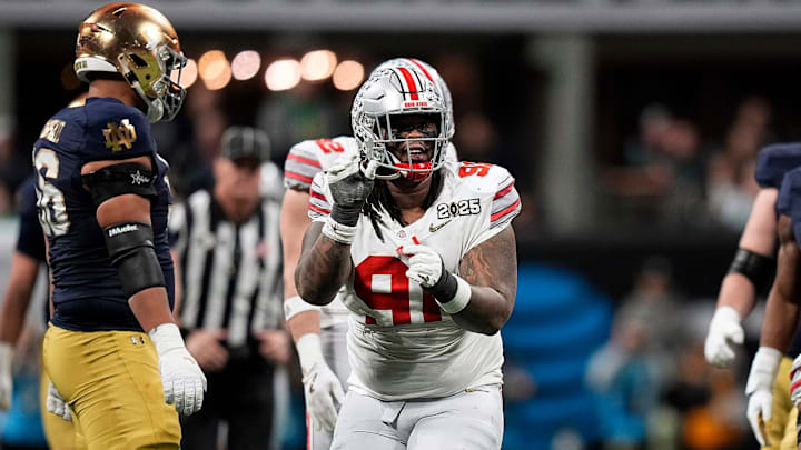 Ohio State Buckeyes defensive tackle Tyleik Williams (91) celebrates a sack against Notre Dame Fighting Irish Ohio State Buckeyes defensive tackle Tyleik Williams (91) celebrates a sack against Notre Dame Fighting Irish