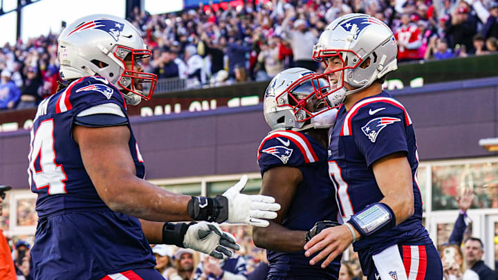 Oct 27, 2024; Foxborough, Massachusetts, USA; New England Patriots quarterback Drake Maye (10) reacts after his touchdown run against the New York Jets in the first quarter at Gillette Stadium. Mandatory Credit: David Butler II-Imagn Images