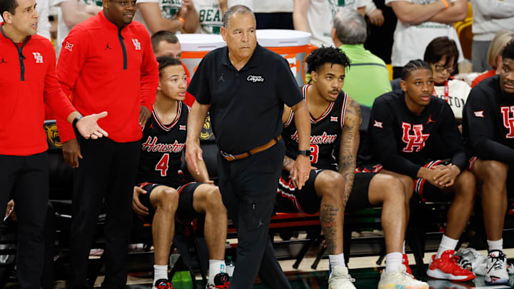 Jan 10, 2026; Waco, Texas, USA;  Houston Cougars head coach Kelvin Sampson reacts on the sideline during the first half against the Baylor Bears at Paul and Alejandra Foster Pavilion. Mandatory Credit: Chris Jones-Imagn Images