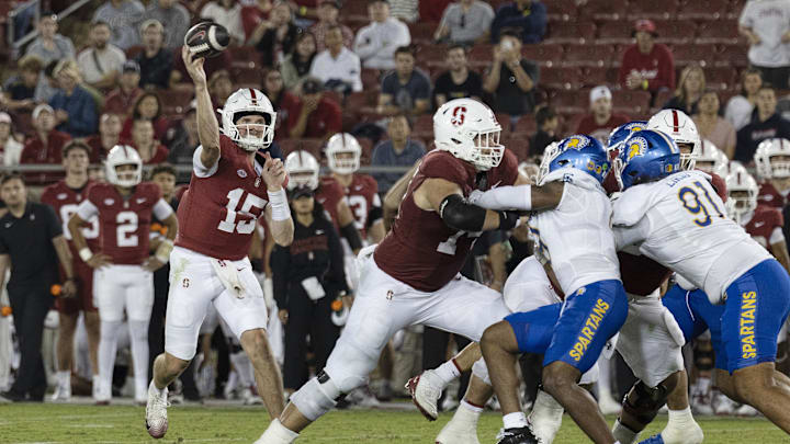 Sep 27, 2025; Stanford, California, USA;  Stanford Cardinal quarterback Ben Gulbranson (15) throws the football during the fourth quarter against the San Jose State Spartans at Stanford Stadium. Mandatory Credit: Stan Szeto-Imagn Images
