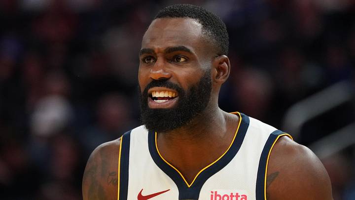 Feb 22, 2026; San Francisco, California, USA;  Denver Nuggets guard-forward Tim Hardaway Jr. (10) talks with the referee during a game against the Golden State Warriors in the third quarter at Chase Center. Mandatory Credit: David Gonzales-Imagn Images
