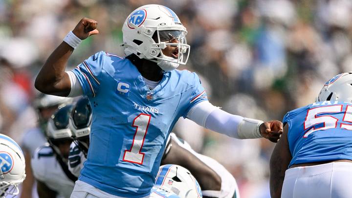 Sep 20, 2026; Nashville, Tennessee, USA; Tennessee Titans quarterback Cam Ward (1) changes plays at the line against the Philadelphia Eagles during the second half at Nissan Stadium. Mandatory Credit: Steve Roberts-Imagn Images