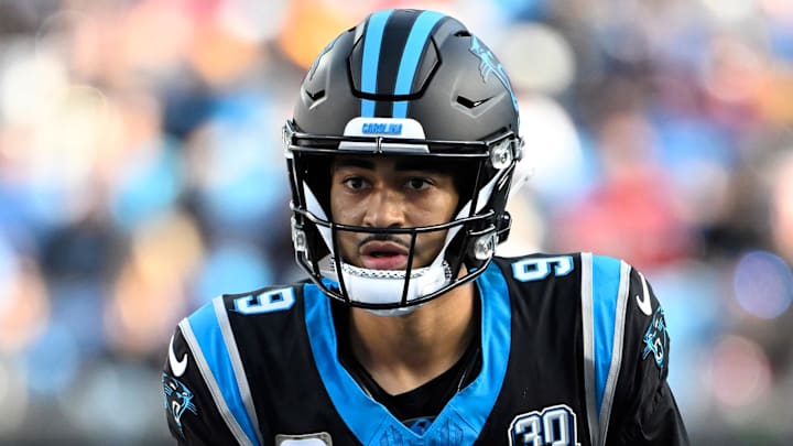 Nov 24, 2024; Charlotte, North Carolina, USA;  Carolina Panthers quarterback Bryce Young (9) on the field in the third quarter at Bank of America Stadium. Mandatory Credit: Bob Donnan-Imagn Images
