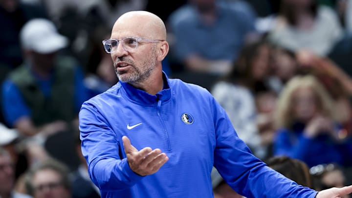 Mar 16, 2025; Dallas, Texas, USA;  Dallas Mavericks head coach Jason Kidd reacts against the Philadelphia 76ers during the second half at American Airlines Center. Mandatory Credit: Kevin Jairaj-Imagn Images