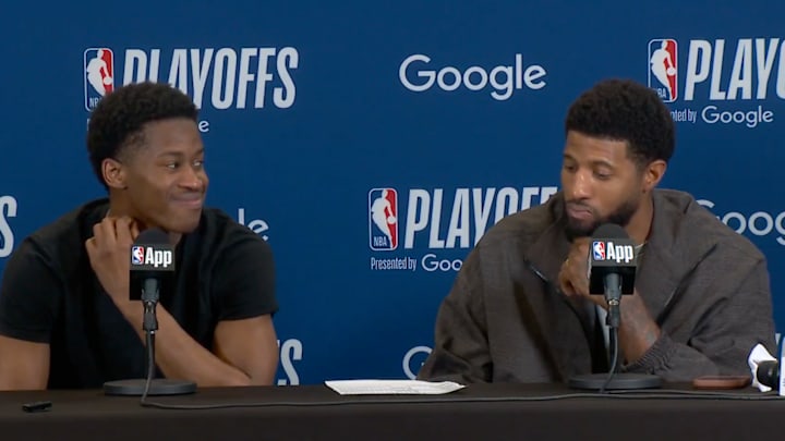 VJ Edgecombe and Paul George speak with media after a win vs. the Knicks.