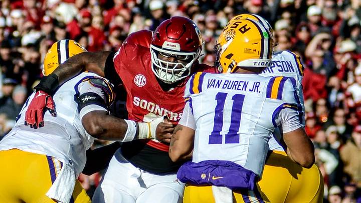 Oklahoma defensive lineman David Stone pressures LSU quarterback Michael Van Buren. Oklahoma defensive lineman David Stone pressures LSU quarterback Michael Van Buren.