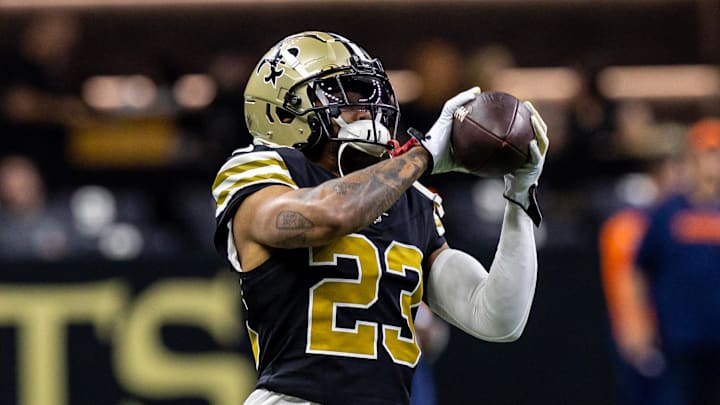 Oct 17, 2024; New Orleans, Louisiana, USA; New Orleans Saints cornerback Marshon Lattimore (23) during the warmups before the game against the Denver Broncos at Caesars Superdome. Mandatory Credit: Stephen Lew-Imagn Images Oct 17, 2024; New Orleans, Louisiana, USA; New Orleans Saints cornerback Marshon Lattimore (23) during the warmups before the game against the Denver Broncos at Caesars Superdome. Mandatory Credit: Stephen Lew-Imagn Images