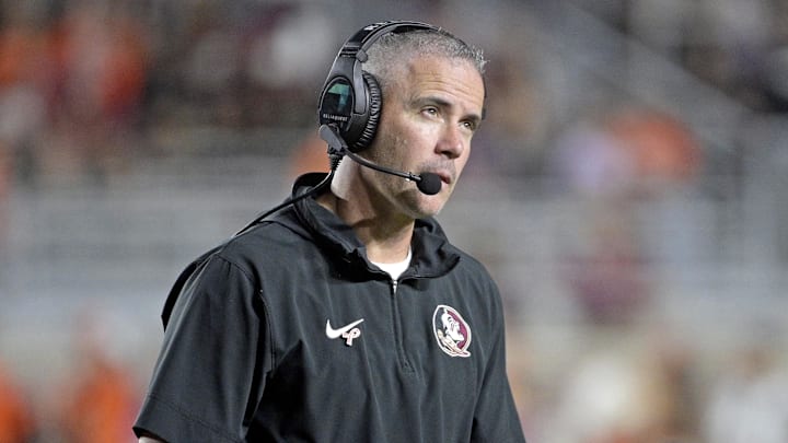 Oct 5, 2024; Tallahassee, Florida, USA; Florida State Seminoles head coach Mike Norvell looks on during the second half against the Clemson Tigers at Doak S. Campbell Stadium. Mandatory Credit: Melina Myers-Imagn Images