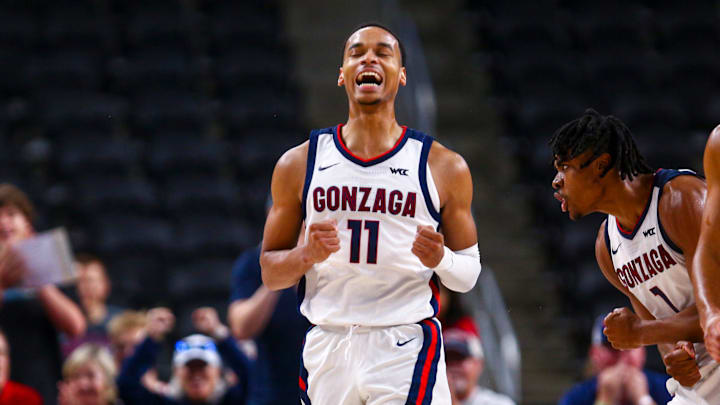 Gonzaga Bulldogs guard Nolan Hickman (11) celebrates a basket during the second half of their exhibition game at Acrisure Arena in Palm Desert, Calif., Saturday, Oct. 26, 2024.