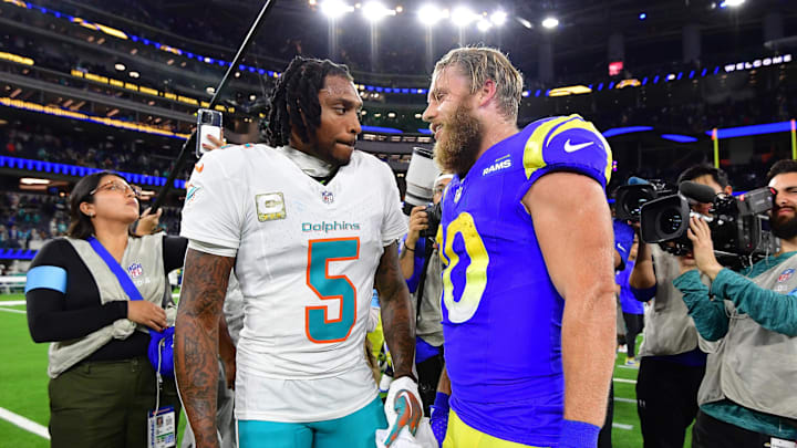 Miami Dolphins cornerback Jalen Ramsey (5) meets with Los Angeles Rams wide receiver Cooper Kupp (10) 