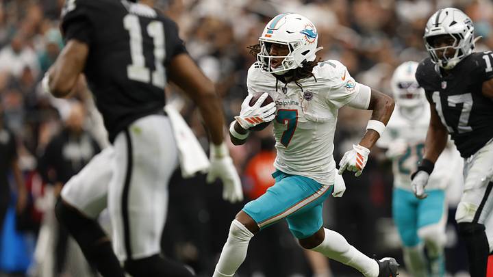 Sep 13, 2026; Paradise, Nevada, USA; Miami Dolphins wide receiver Caleb Douglas (7) runs with the ball in the second quarter against the Las Vegas Raiders at Allegiant Stadium. Mandatory Credit: David Brytus-Imagn Images Sep 13, 2026; Paradise, Nevada, USA; Miami Dolphins wide receiver Caleb Douglas (7) runs with the ball in the second quarter against the Las Vegas Raiders at Allegiant Stadium. Mandatory Credit: David Brytus-Imagn Images