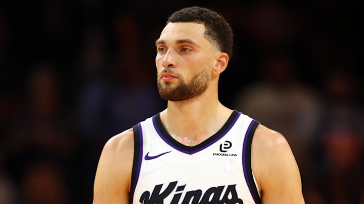 Oct 22, 2025; Phoenix, Arizona, USA; Sacramento Kings guard Zach LaVine (8) against the Phoenix Suns at the Mortgage Matchup Center. Mandatory Credit: Mark J. Rebilas-Imagn Images