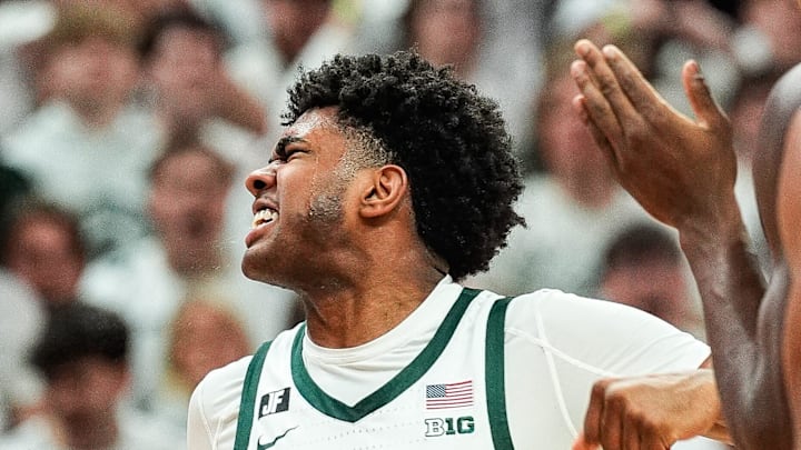 Michigan State guard Jase Richardson (11) celebrates a play against Michigan during the first half at Breslin Center in East Lansing on Sunday, March 9, 2025.