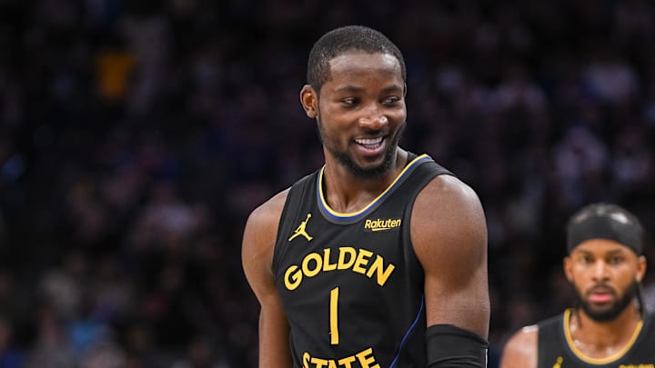Nov 5, 2025; Sacramento, California, USA; Golden State Warriors forward Jonathan Kuminga (1) reacts after being called for a foul against the Sacramento Kings during the fourth quarter at Golden 1 Center.