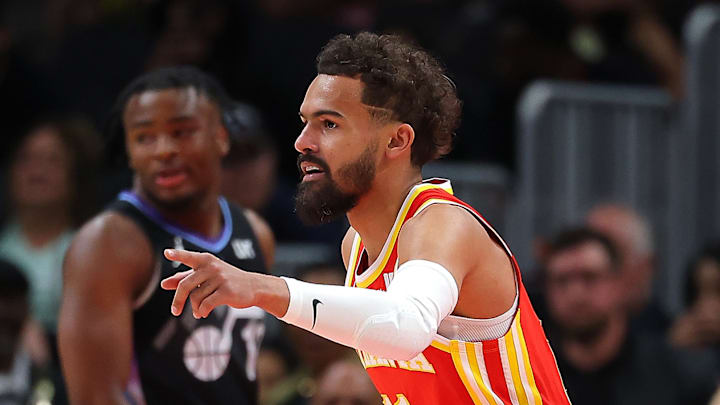 Trae Young #11 of the Atlanta Hawks reacts against the Utah Jazz.