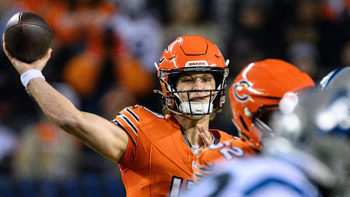 Nov 9, 2023; Chicago, Illinois, USA; Chicago Bears quarterback Tyson Bagent (17) passes the ball against the Carolina Panthers during the first quarter at Soldier Field. Mandatory Credit: Daniel Bartel-Imagn Images